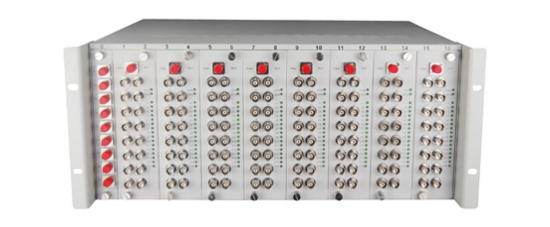 Rack mount chassis 128 CH video fiber optical transceiver, support audio, data,ETH,E1,phone etc